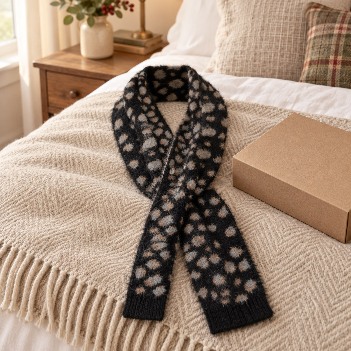 Black fluffy leopard print pull-through scarf styled on an oatmeal throw