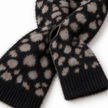Close-up of black leopard fluffy knit scarf and ribbed end