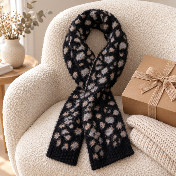 Black leopard pull-through scarf styled on a cream chair with gift box