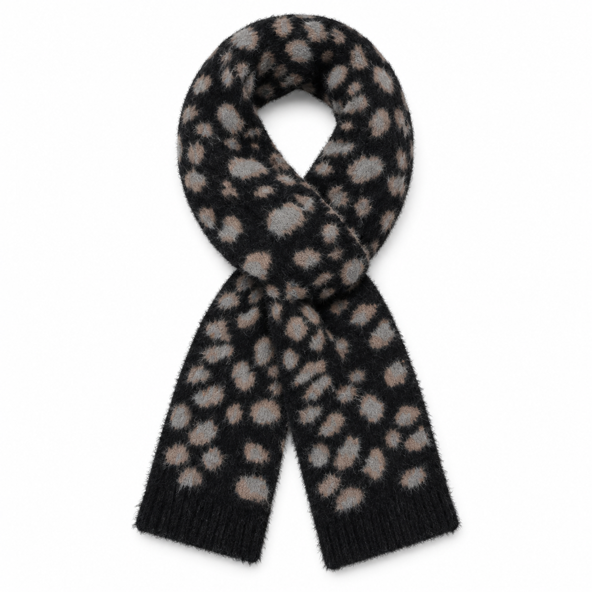 Black, grey and taupe leopard pull-through scarf on white background