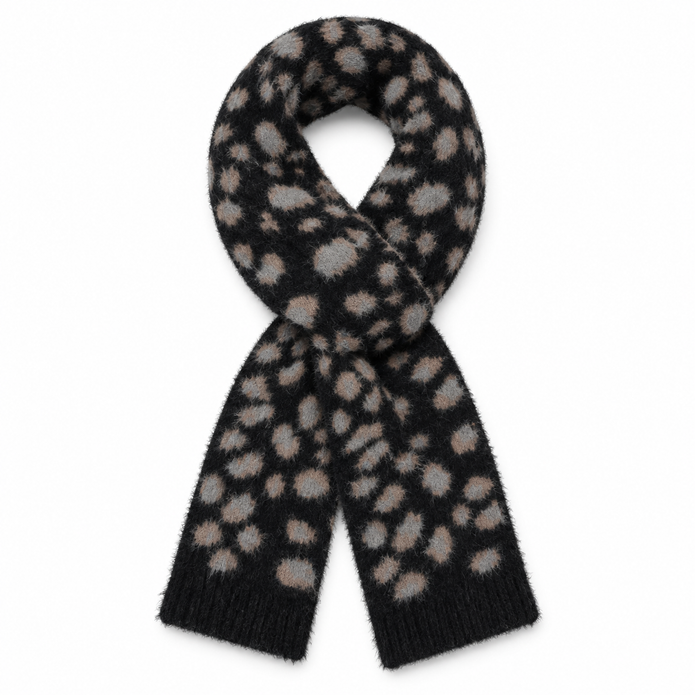 Black, grey and taupe leopard pull-through scarf on white background