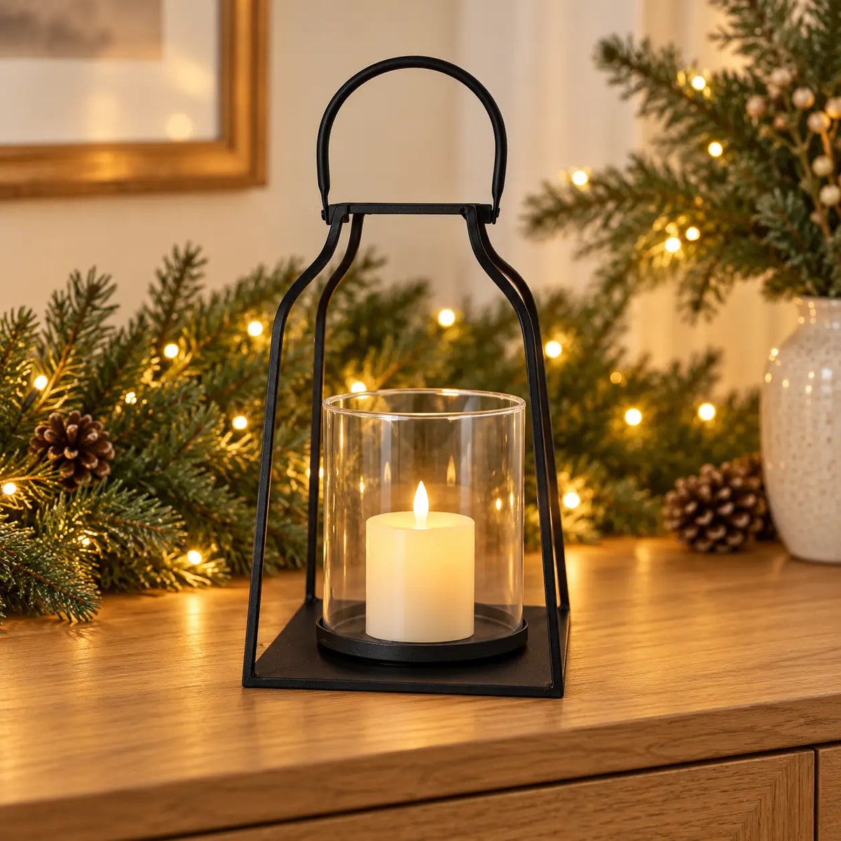 Satchville large black metal candle lantern for mantel display