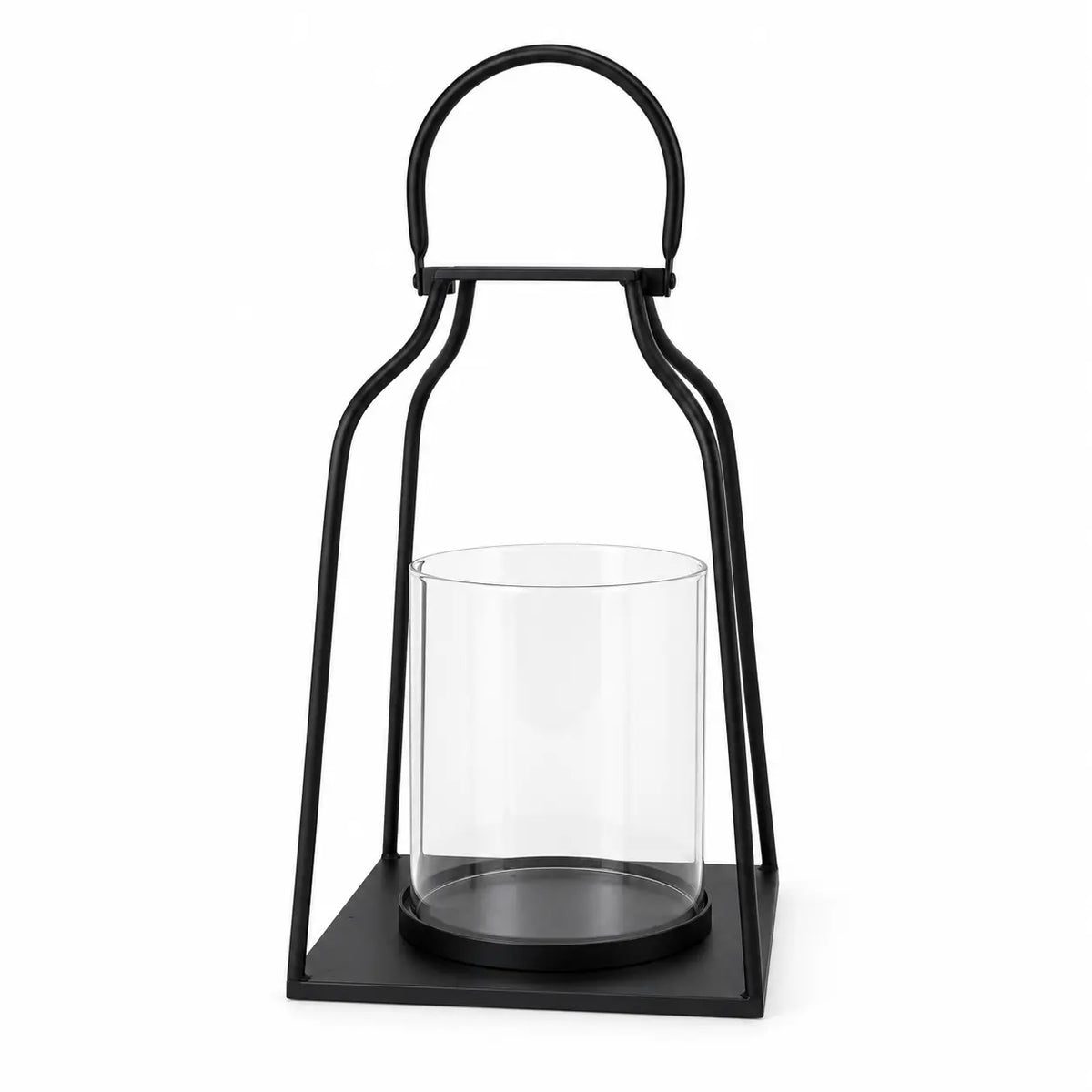 Large black metal Satchville candle lantern displayed against a studio background