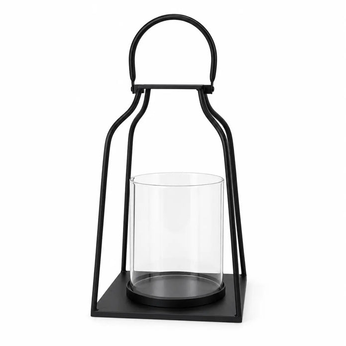 Large black metal Satchville candle lantern displayed against a studio background