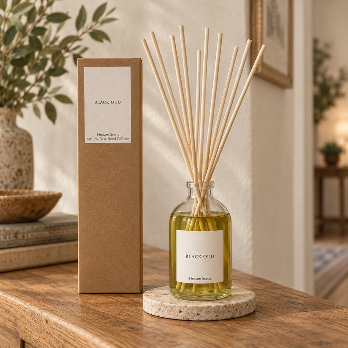 Black Oud Reed Diffuser styled on an oak console with natural reeds inserted.