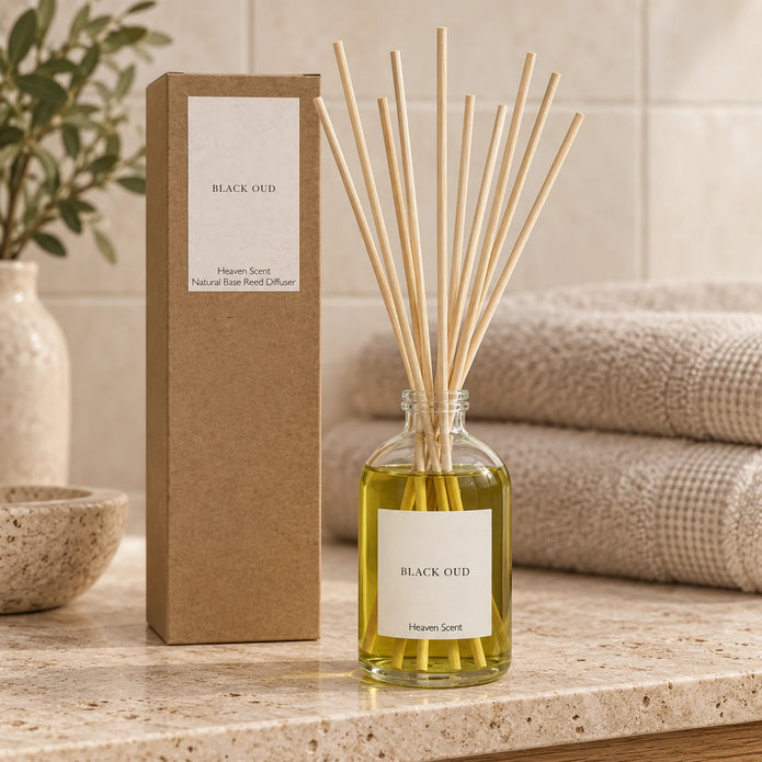 Black Oud Reed Diffuser styled on a stone bathroom shelf with reeds inserted.