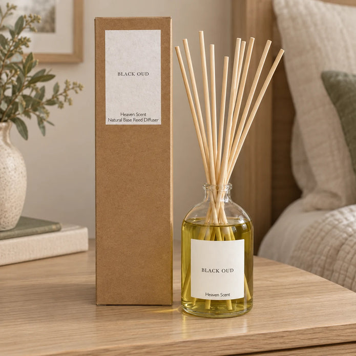 Black Oud Reed Diffuser with reeds inserted beside its matching kraft gift box.