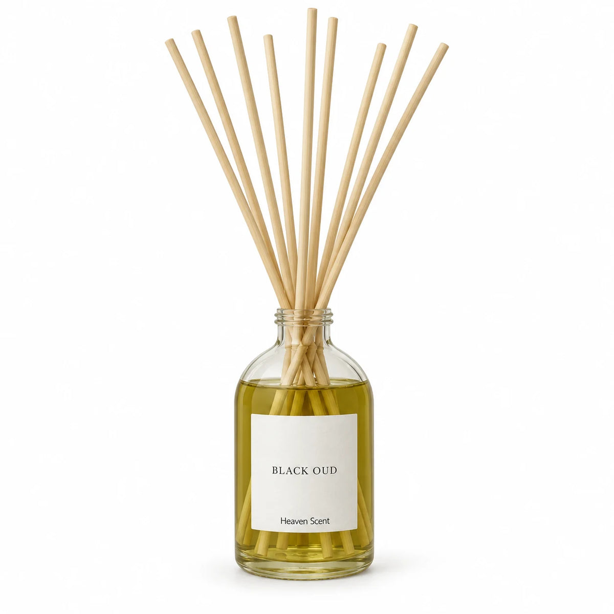 Black Oud Reed Diffuser on white with natural reeds inserted.