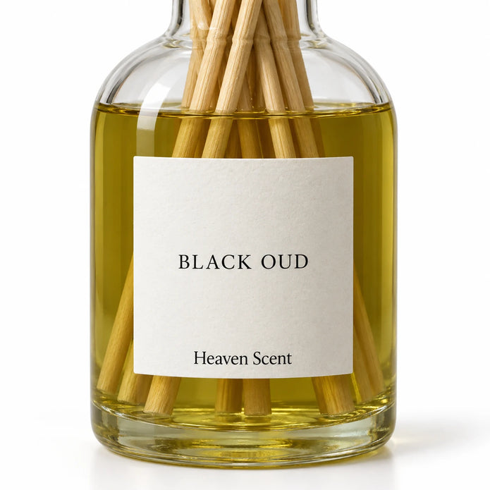 Black Oud Reed Diffuser close-up of the fragrance label and glass bottle.