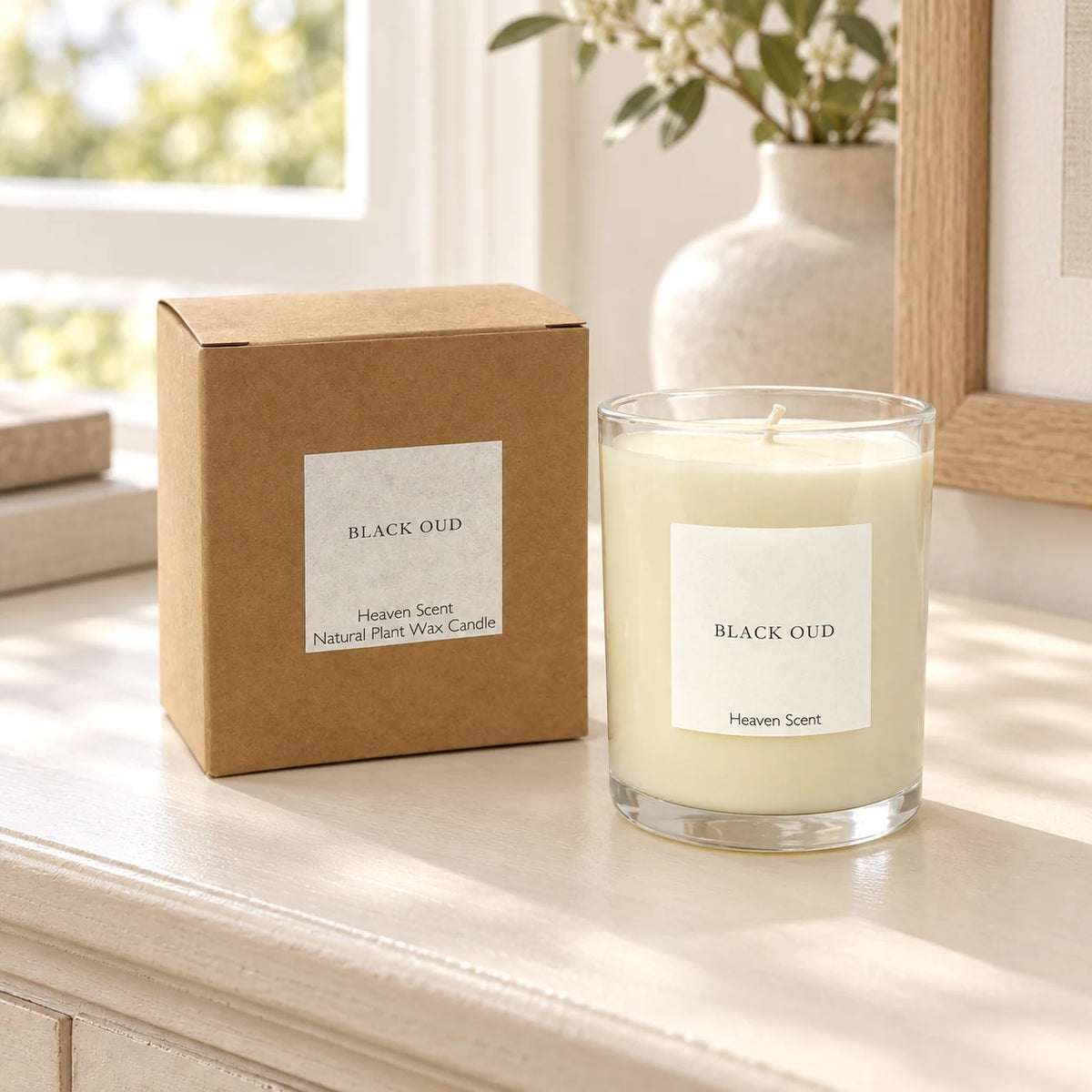 Heaven Scent Black Oud Medium Candle with its kraft box on a console