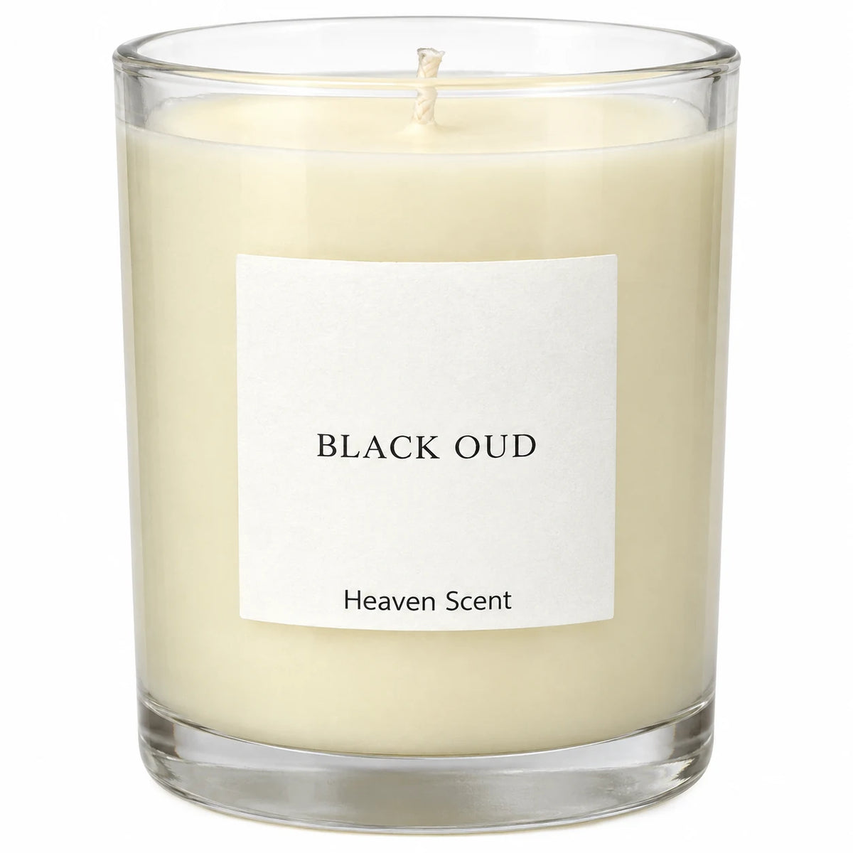 Heaven Scent Black Oud Medium Candle close-up of the fragrance label and glass