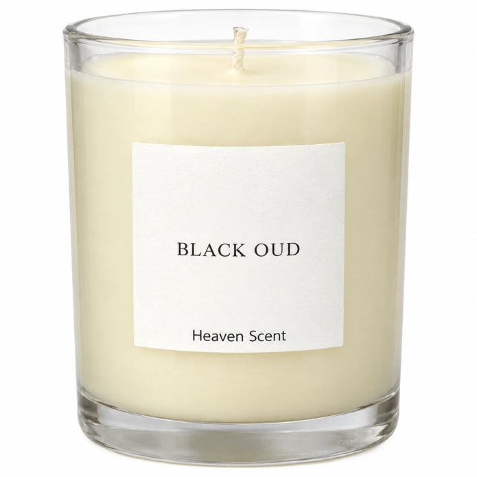 Heaven Scent Black Oud Medium Candle close-up of the fragrance label and glass