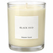 Heaven Scent Black Oud Medium Candle close-up of the fragrance label and glass