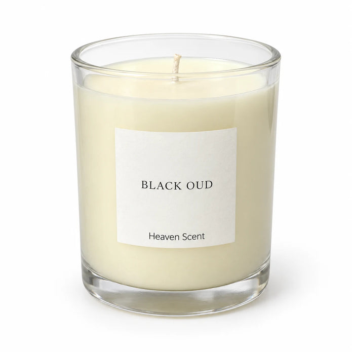 Heaven Scent Black Oud Medium Candle close-up of the unlit wick and wax