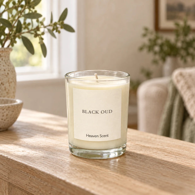 Heaven Scent Black Oud Small Candle unlit on an oak console