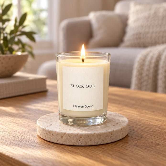 Heaven Scent Black Oud Small Candle lit on a stone coaster in a living room