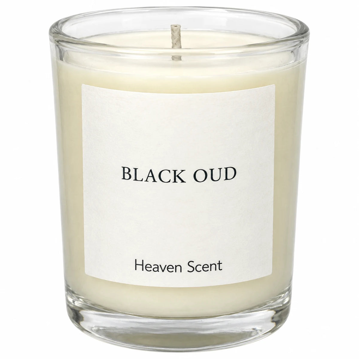 Heaven Scent Black Oud Small Candle close-up of the fragrance label and glass