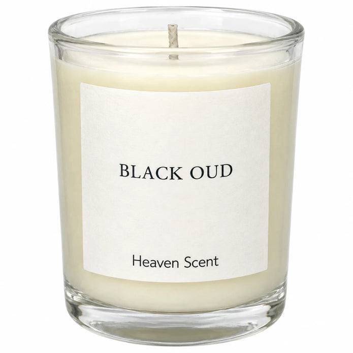 Heaven Scent Black Oud Small Candle close-up of the fragrance label and glass