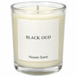 Heaven Scent Black Oud Small Candle close-up of the fragrance label and glass