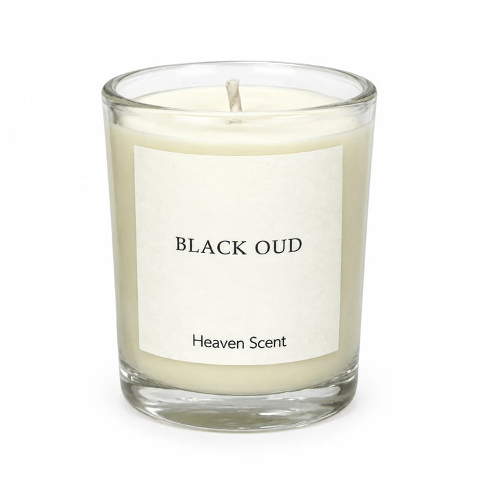 Heaven Scent Black Oud Small Candle close-up of the unlit wick and wax