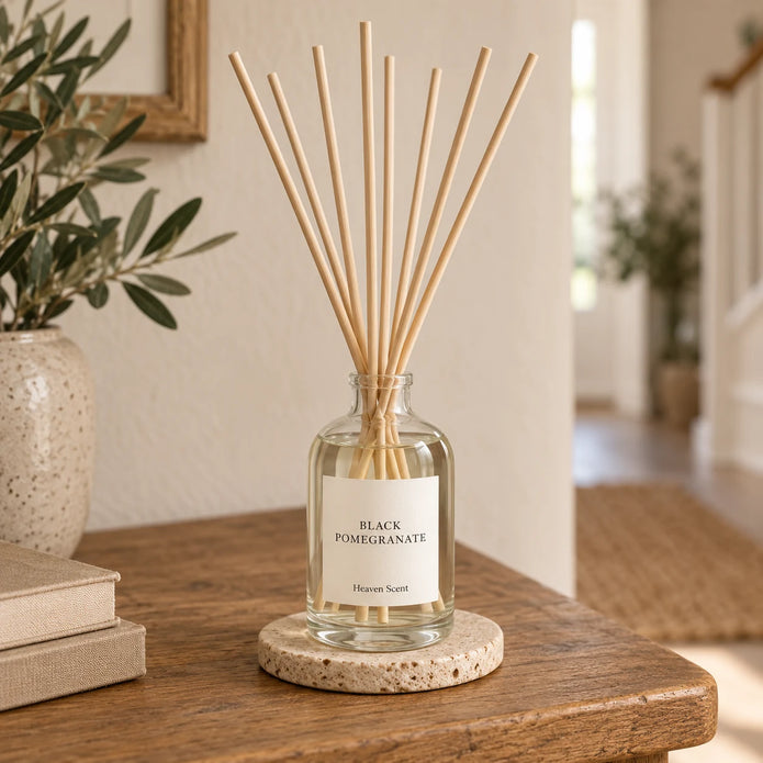 Black Pomegranate Reed Diffuser styled on an oak console with natural reeds inserted.