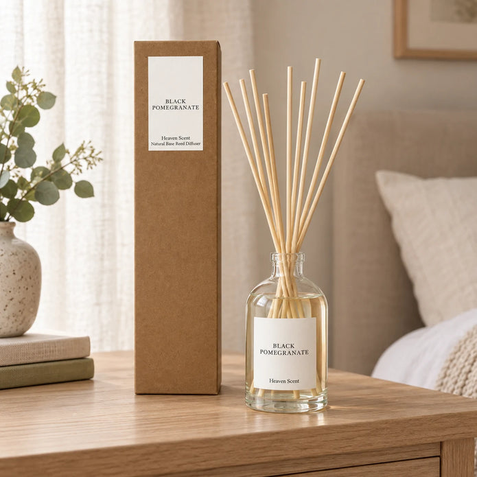 Black Pomegranate Reed Diffuser with reeds inserted beside its matching kraft gift box.