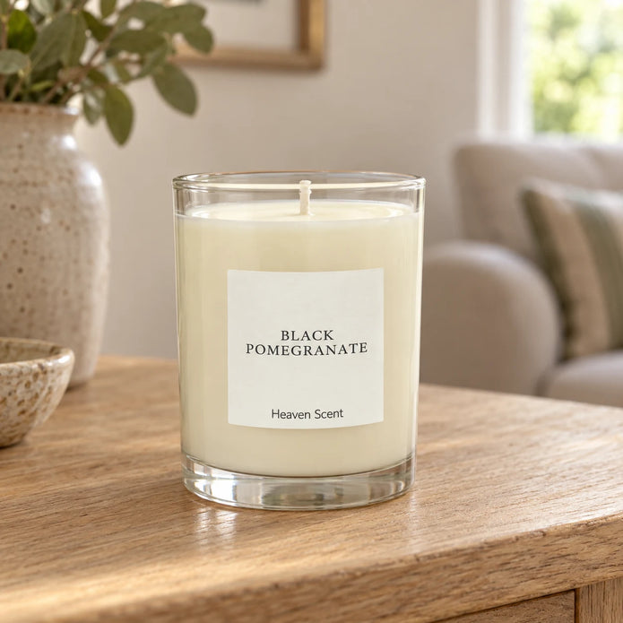 Heaven Scent Black Pomegranate Medium Candle unlit on an oak console