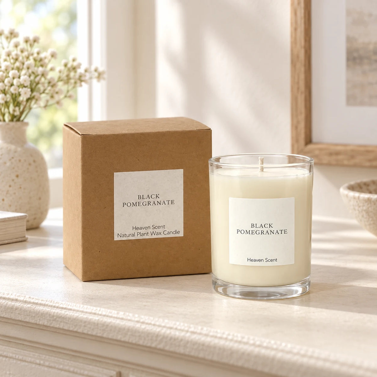 Heaven Scent Black Pomegranate Medium Candle with its kraft box on a console