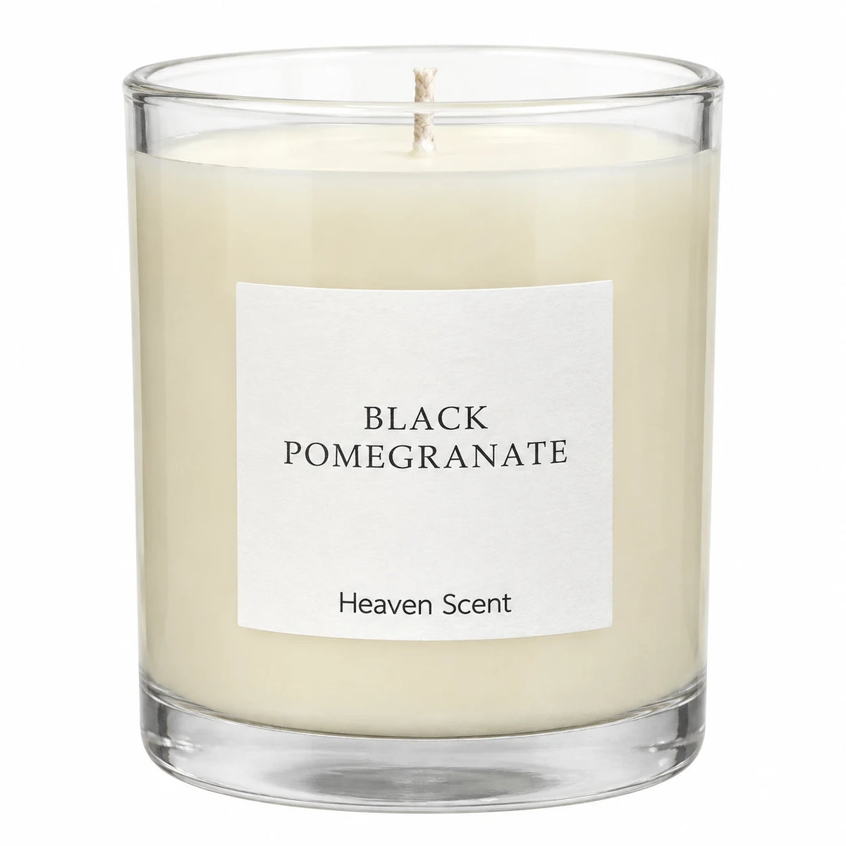 Heaven Scent Black Pomegranate Medium Candle close-up of the fragrance label and glass
