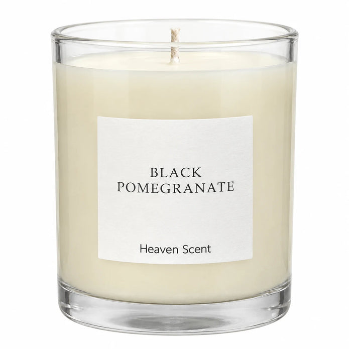 Heaven Scent Black Pomegranate Medium Candle close-up of the fragrance label and glass