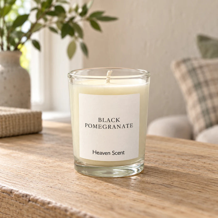 Heaven Scent Black Pomegranate Small Candle, ivory wax in clear glass on an oak console