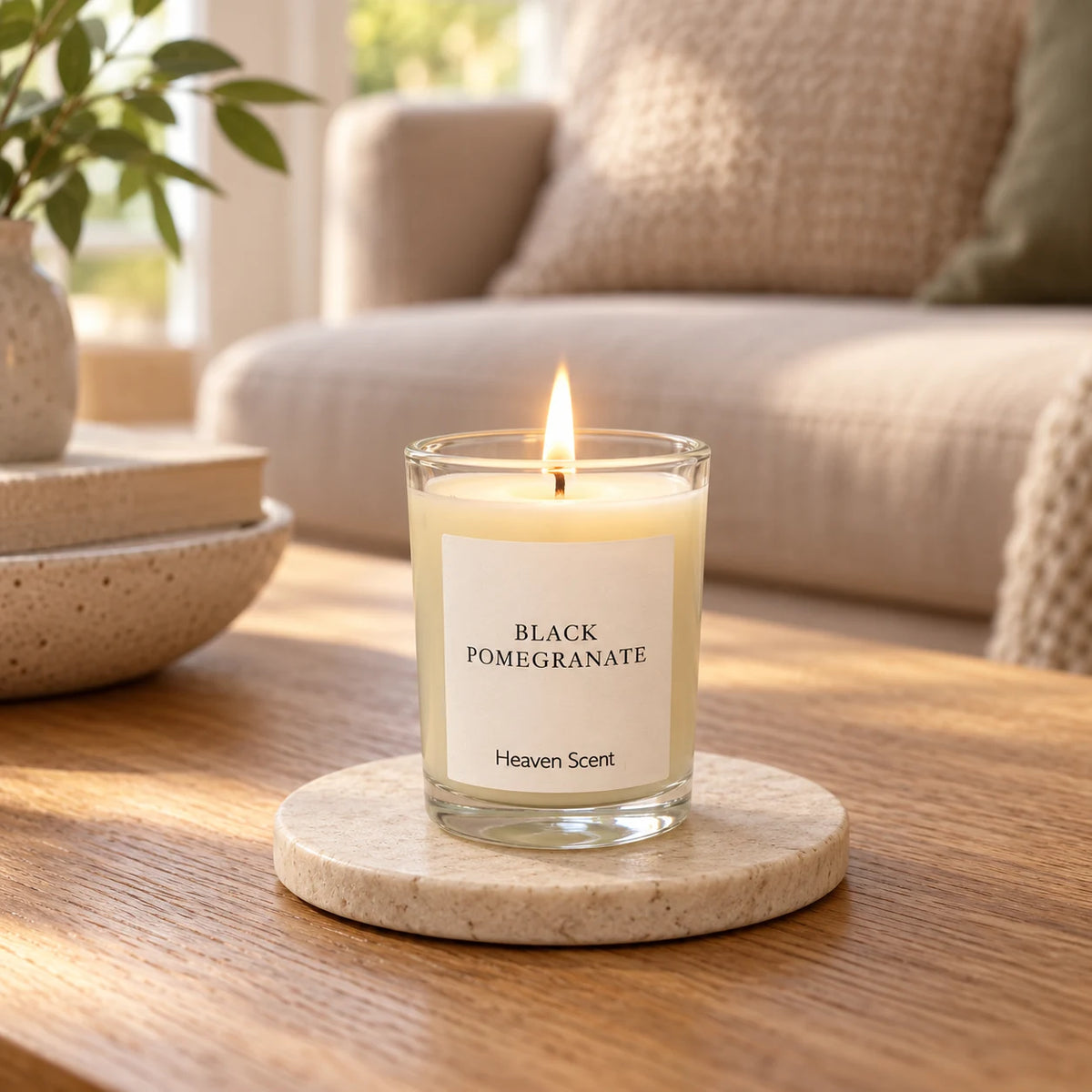 Heaven Scent Black Pomegranate Small Candle, lit in clear glass on a stone coaster in a living room