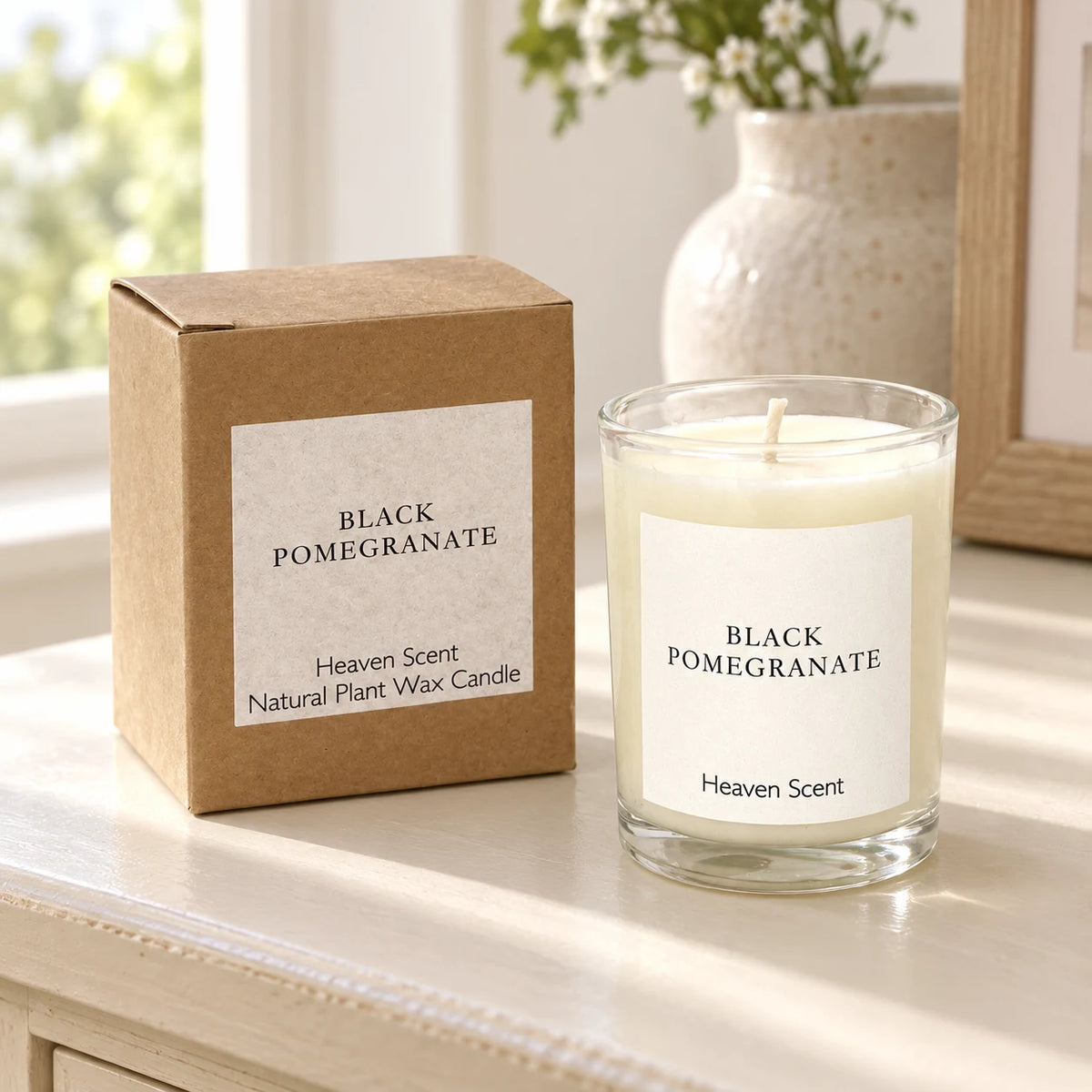 Heaven Scent Black Pomegranate Small Candle with its kraft box on a console