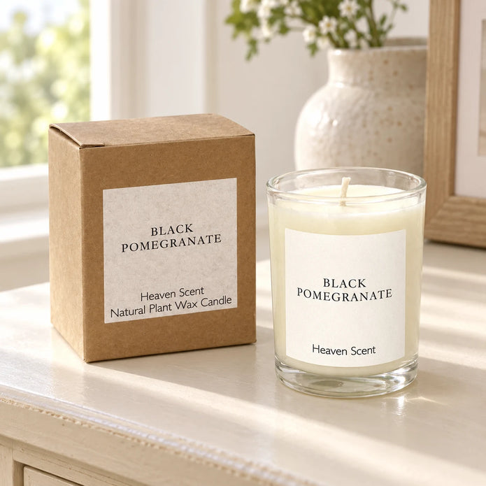 Heaven Scent Black Pomegranate Small Candle with its kraft box on a console