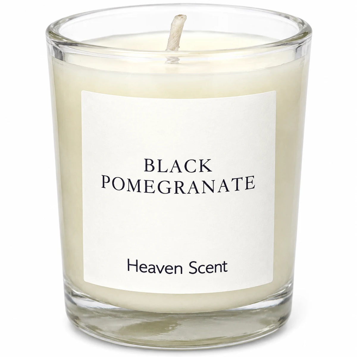 Heaven Scent Black Pomegranate Small Candle close-up of the fragrance label and glass