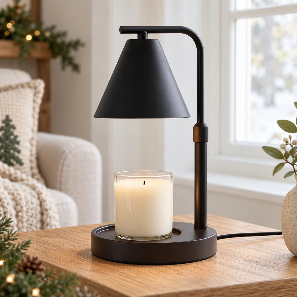 Black shade candle warmer with unlit ivory candle beside a bright window