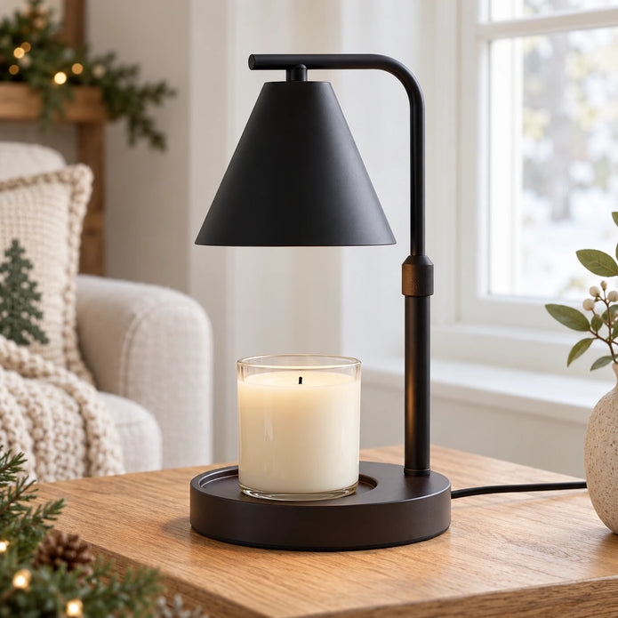 Black shade candle warmer with unlit ivory candle beside a bright window