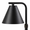 Close-up of the tapered black lampshade, suspension fitting and curved support arm
