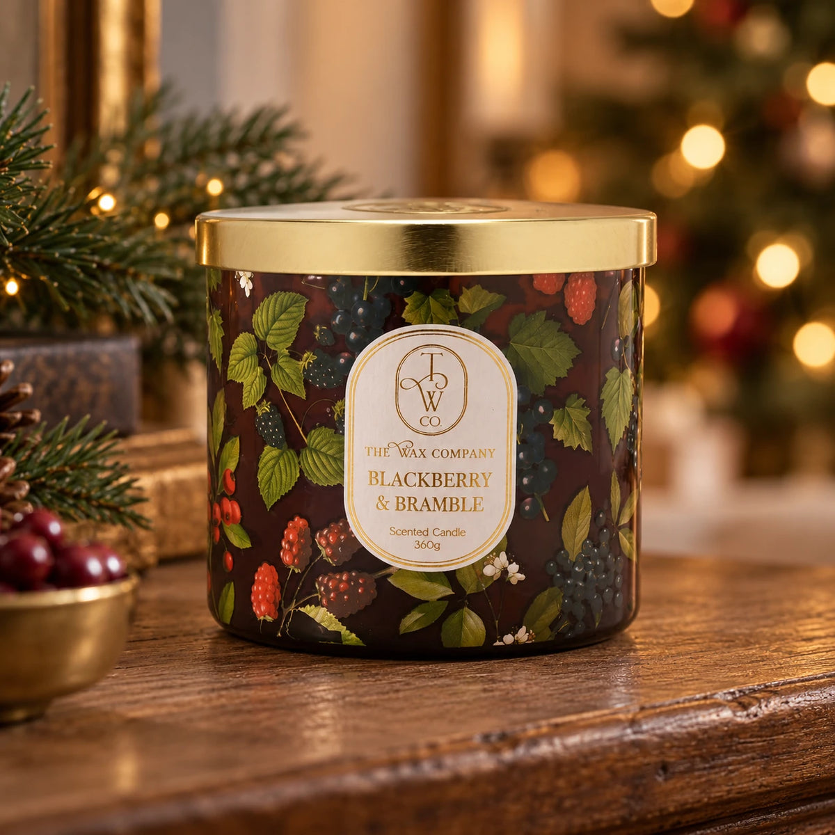 Blackberry and Bramble botanical candle with gold lid, Christmas console styling
