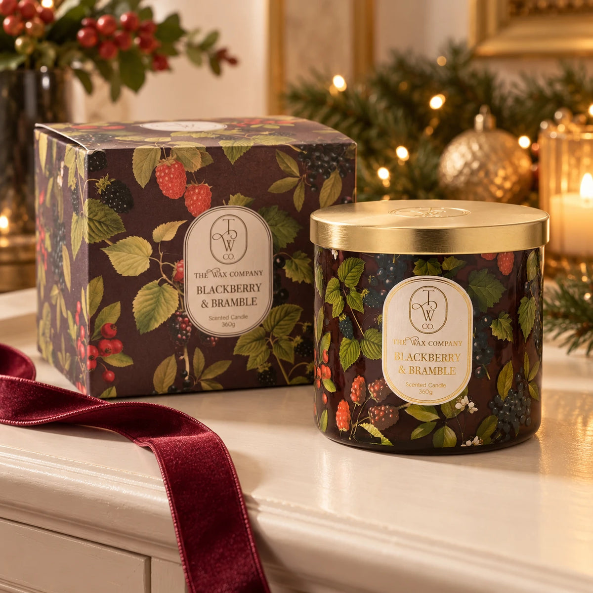 Blackberry and Bramble botanical candle with gold lid, with matching gift box