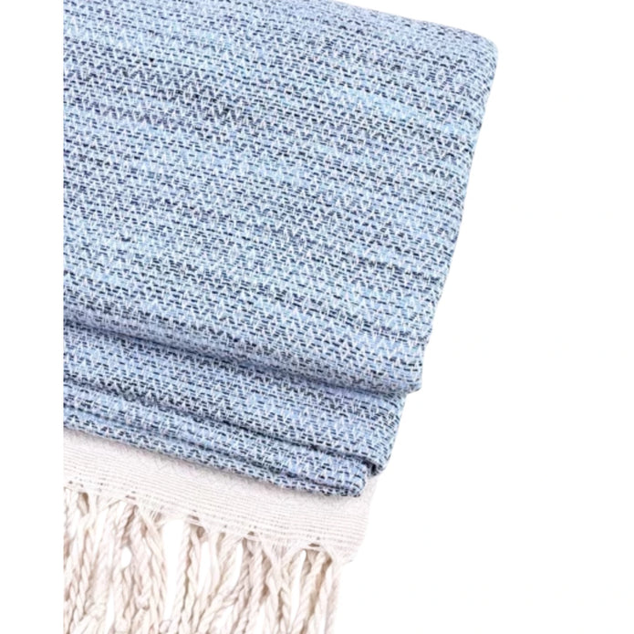 Blue and neutral diamond stitch Hammam-style throw blanket from Starlight Express, showcasing soft, textured woven fabric.
