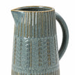 Large 32cm blue ceramic jug with mottled glaze and textured bands, detail view.