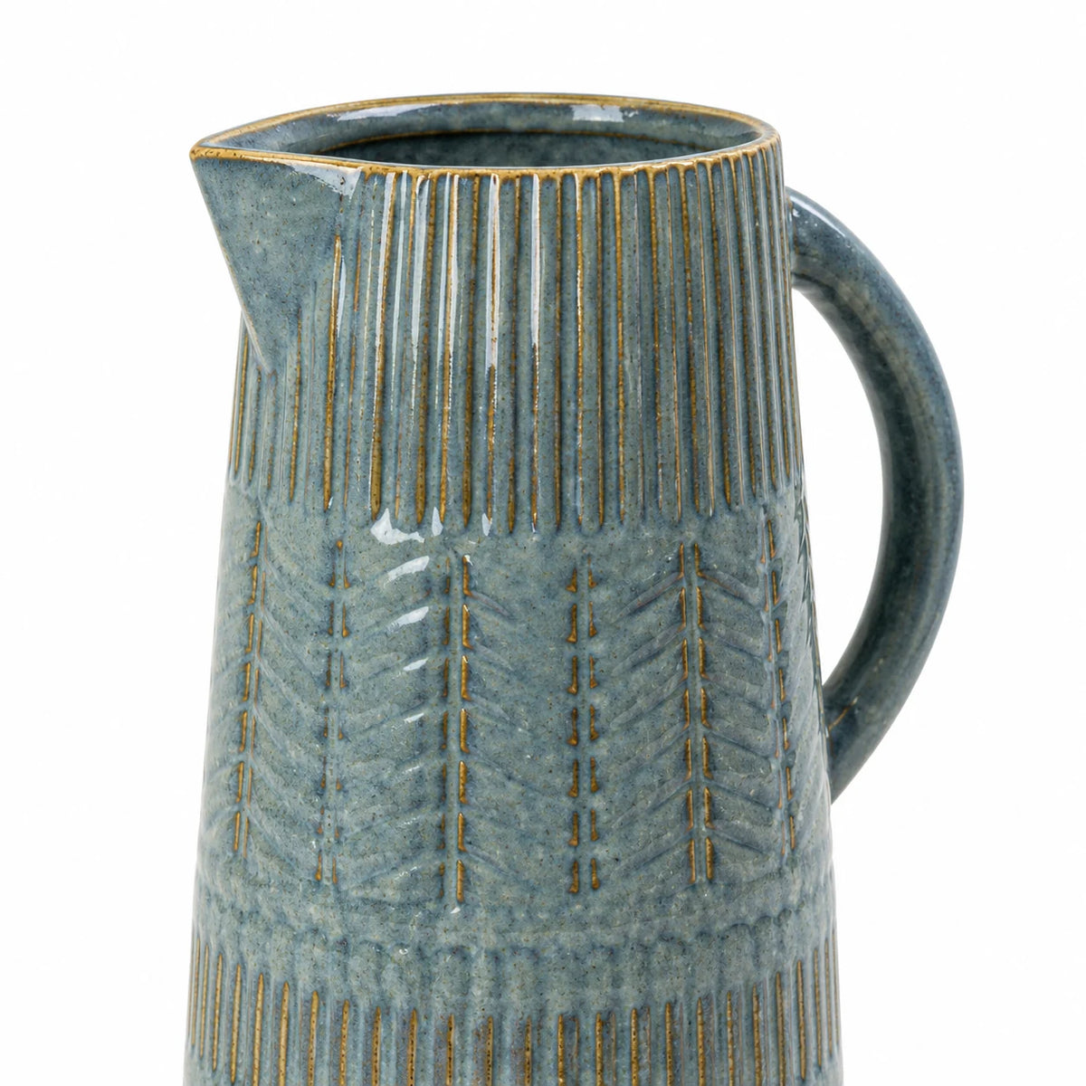 Medium 27cm blue ceramic jug with mottled glaze and textured bands, detail view.