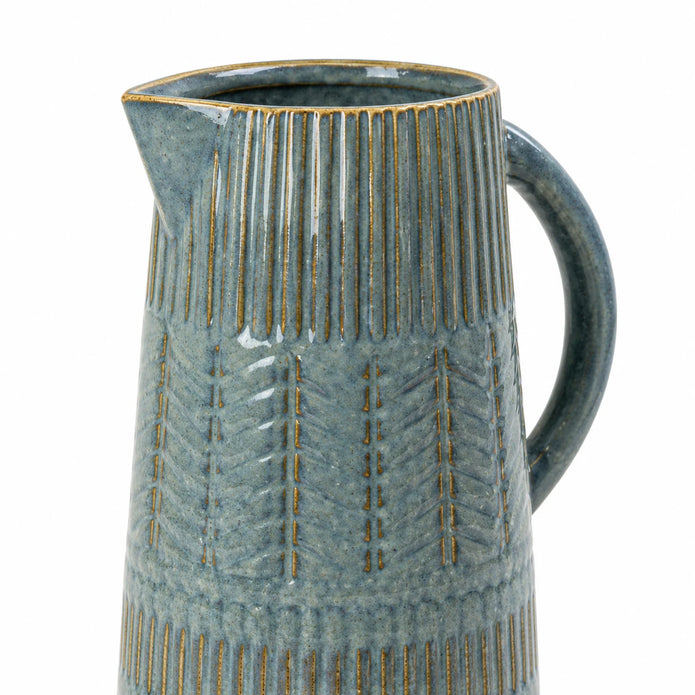 Medium 27cm blue ceramic jug with mottled glaze and textured bands, detail view.