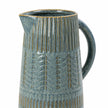 Medium 27cm blue ceramic jug with mottled glaze and textured bands, detail view.