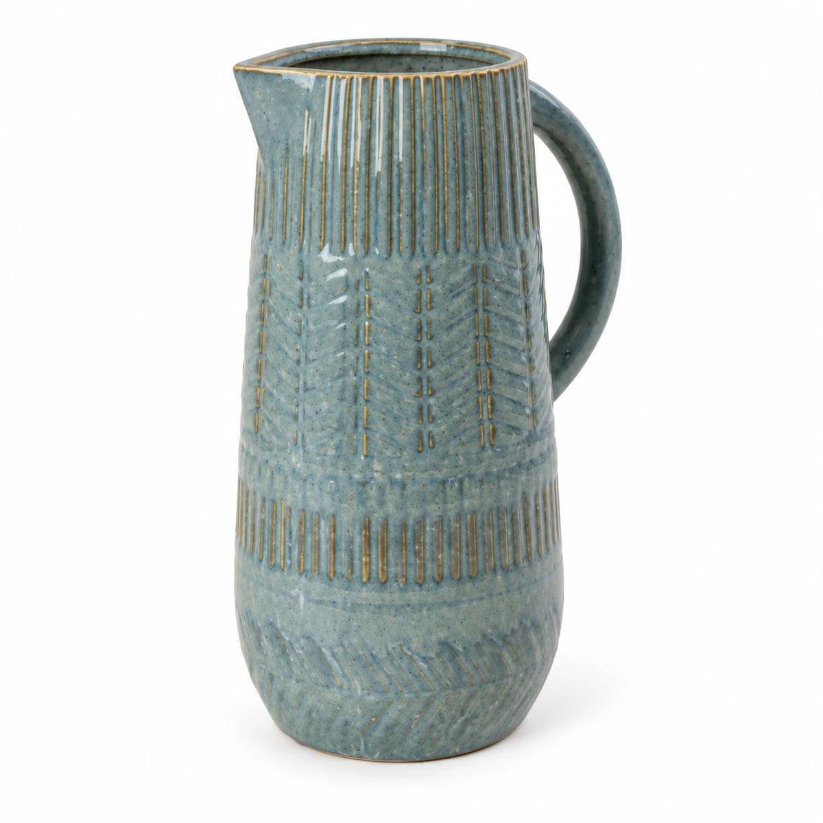 Medium 27cm blue ceramic jug with mottled glaze and textured bands, studio view.