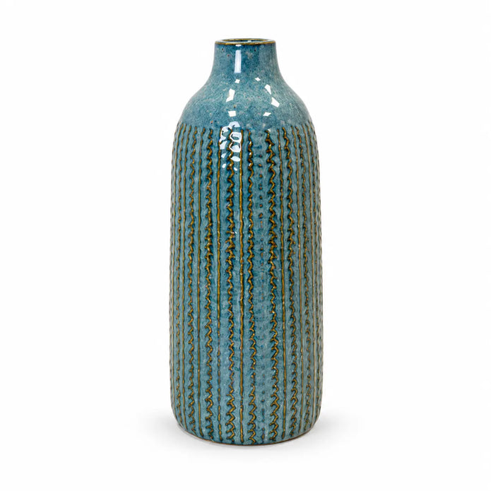 Large blue ceramic vase full product on a white studio background.