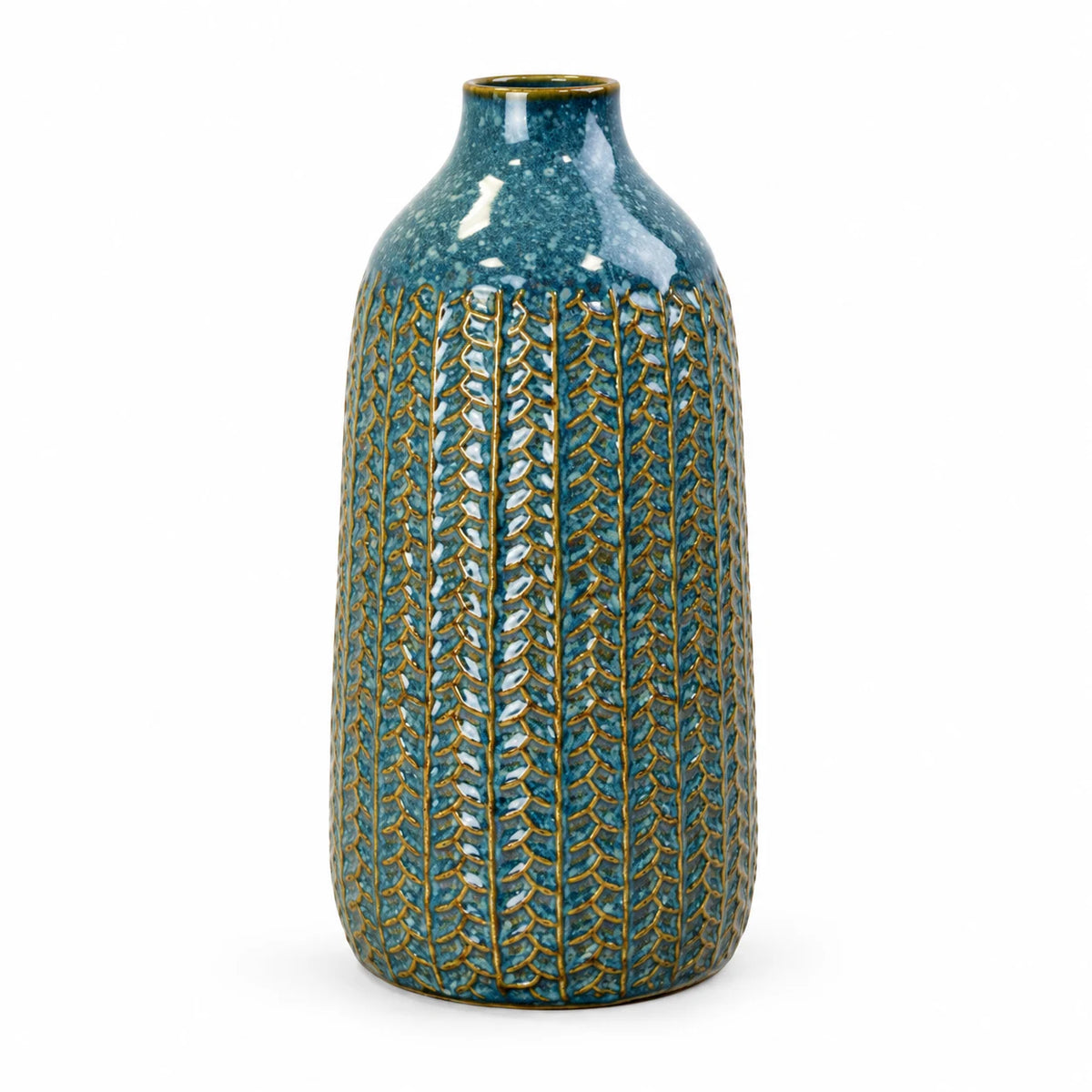 Blue ceramic vase, 29cm tall, with leaf pattern and mottled glaze, shown empty on white.