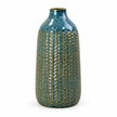 Blue ceramic vase, 29cm tall, with leaf pattern and mottled glaze, shown empty on white.