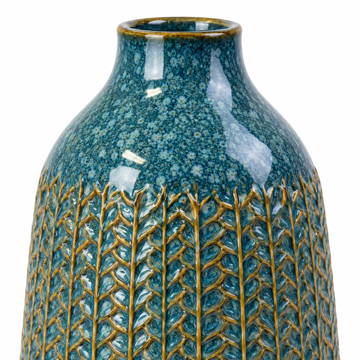 Medium blue ceramic vase close-up of the glazed neck and textured ceramic body.
